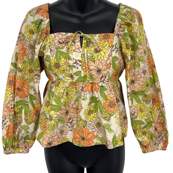 J.Crew Womens Floral Print Peplum Top Long Sleeve Square Neck Cotton Size 2 New - Picture 1 of 9